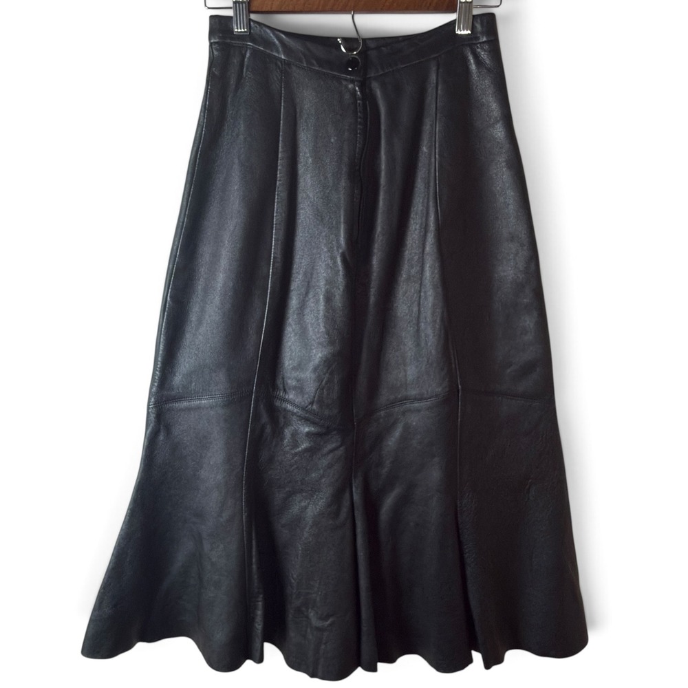Vintage Aggie Georgette Chordas Black Leather Godet Maxi Skirt 10 USA 80s - Picture 4 of 11